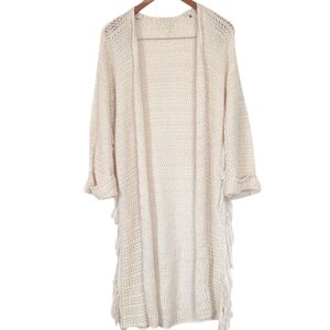 Cream Beige Open Knit Long Open Front Cardigan with Fringe Details Size Medium